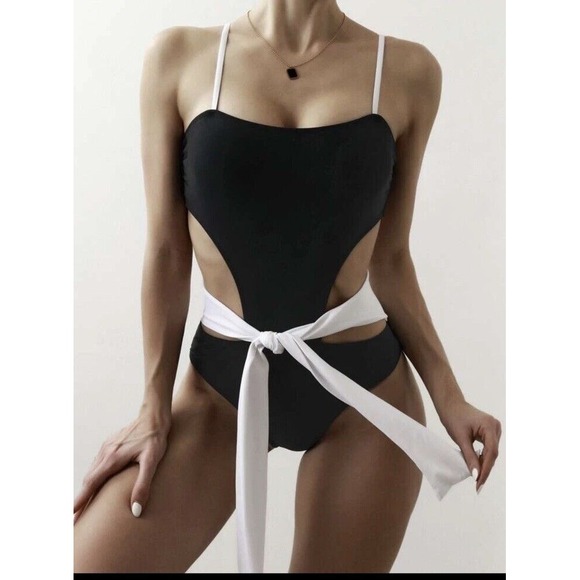 NEW Black & White Monokini Swimsuit w/ Adj White Tie Belt Around Waist -Size L - Picture 6 of 7